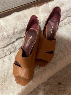Coach Cognac Leather Open-Toe Wedge Sandals with Burgundy Insole